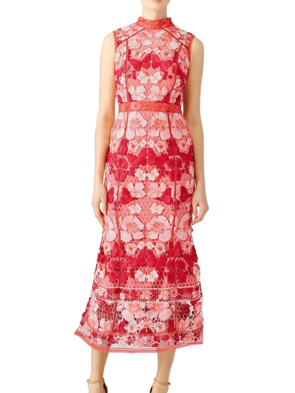 Marchesa Notte Butterfly Textured Embroidered Lace Sheath Trumpet Midi Dress 0